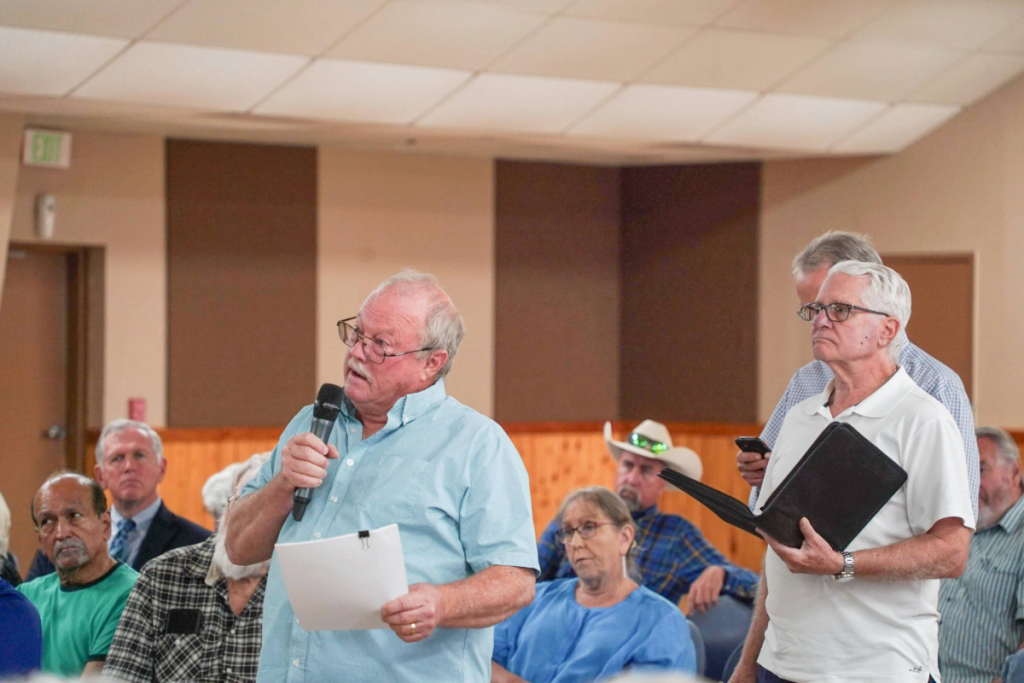 Burnet County resident Michael Smith took the mic at a town hall on the proposed Bell County East to Big Hill 765kV Transmission Line, voicing his concerns about the project. Staff photo by Dakota Morrissiey